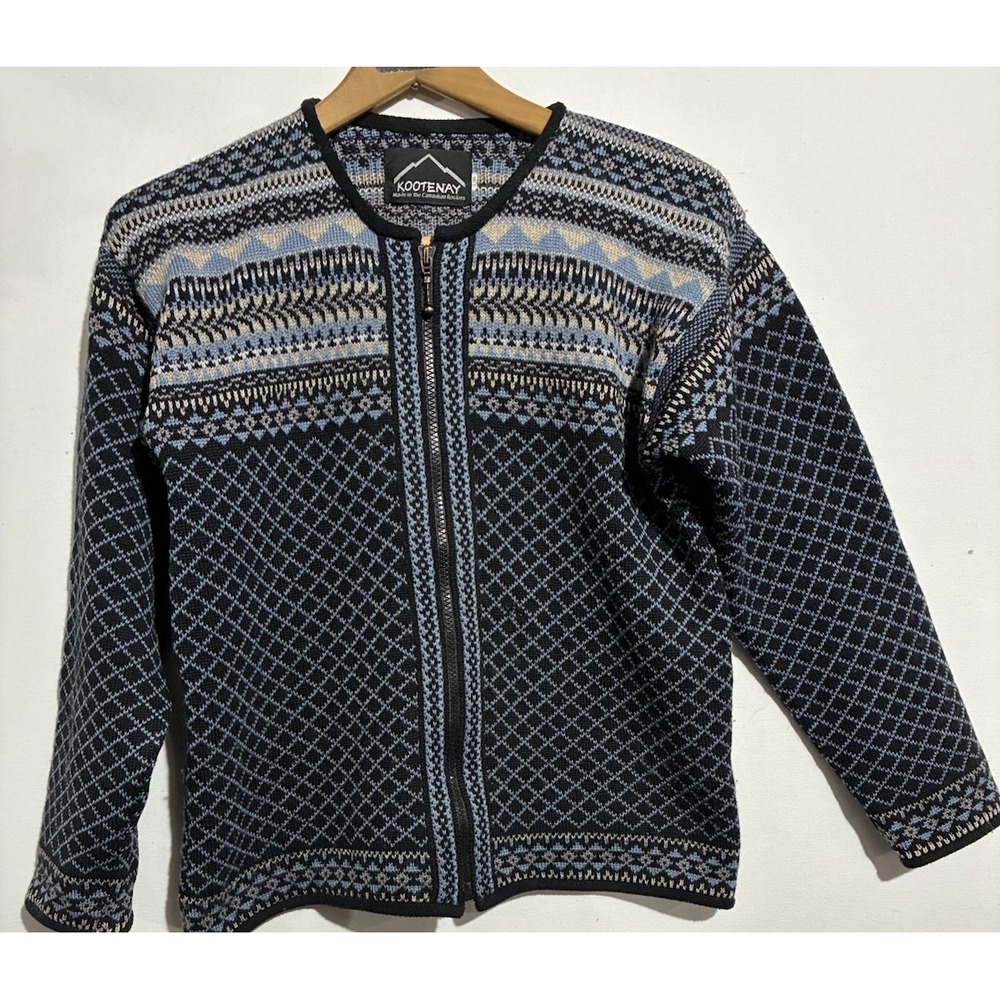 VTG Kootenay Blue Geometric Wool Zip Up Sweater Womens Small